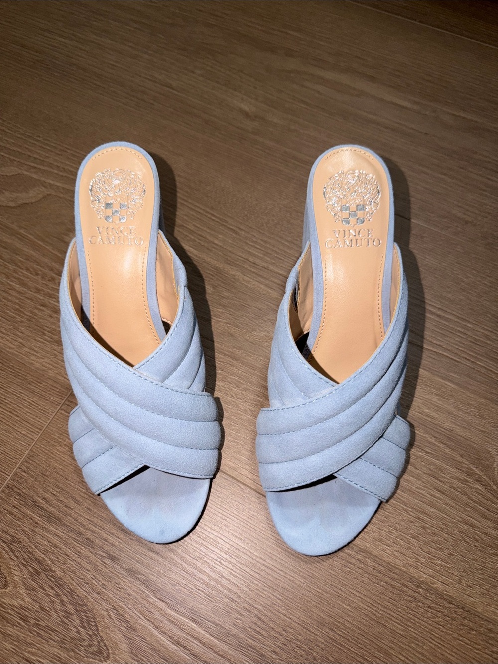 Vince Camuto Vo Bemia Powder Blue Suede Crisscross Slide Mules